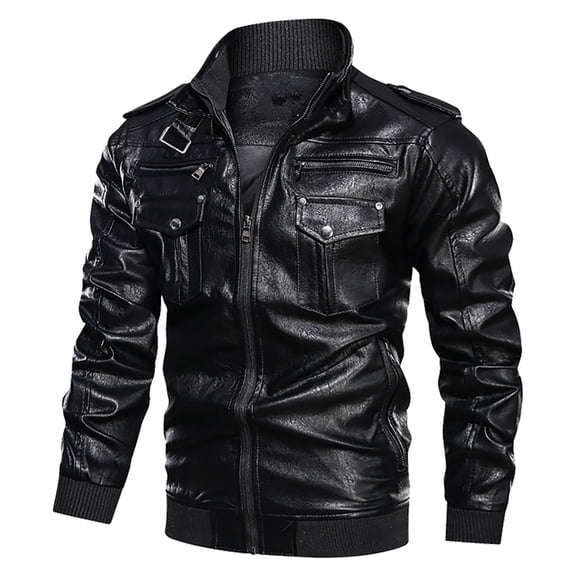 Tiweut Mens Leather Jackets Mens Long Sleeve Lapel Zipper Sports Textured Retro Slim Fit Coat Regular Blouses Black,L