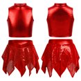 thumbnail image 3 of Aiihoo Kids Girls Hip Hop Jazz Dance Outfits Sleeveless Metallic Crop Tops with Shiny Sequins Skirt Cheerleading Performance Outfits Red 12, 3 of 4