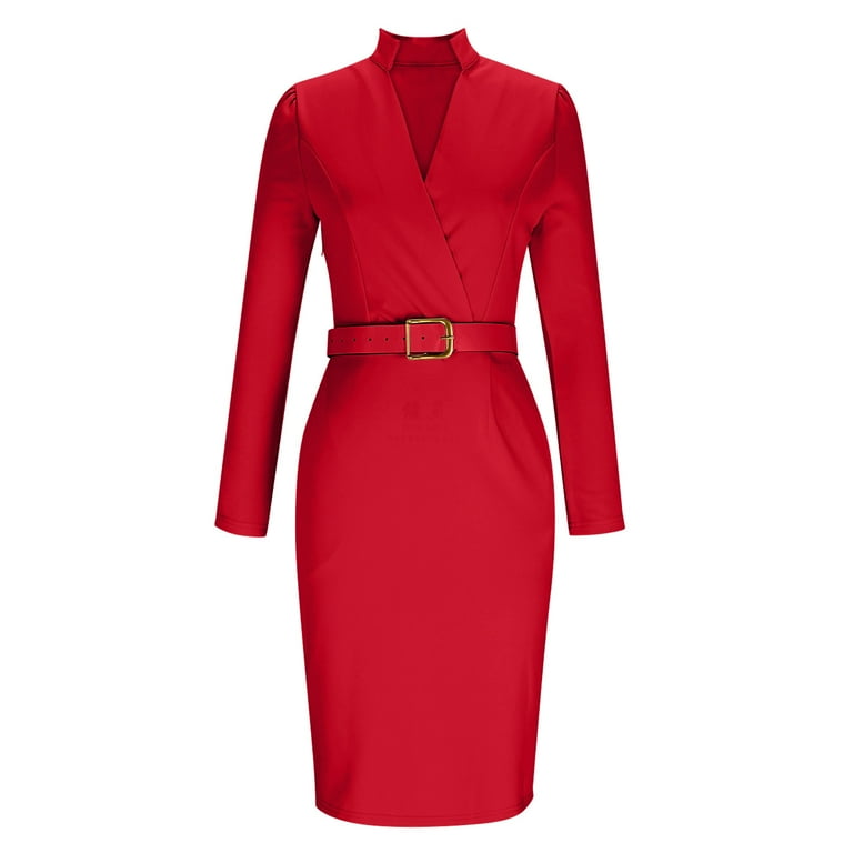 Women's Midi Dress Bodycon Dress Work Dresses Semi Formal Office Regular Fit Plain Long Sleeve V Neck Black White Red Apricot Spring Fall Winter