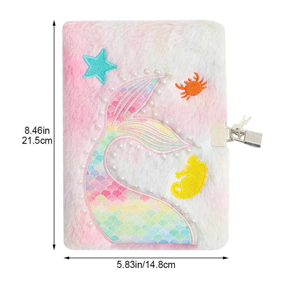 Hzzsbu Plush Mermaid Notebook A5 Mermaid Diary Glitter Journal for Hardcover Notebooks Writing Drawing Embroidery Notepad with Locks and Keys