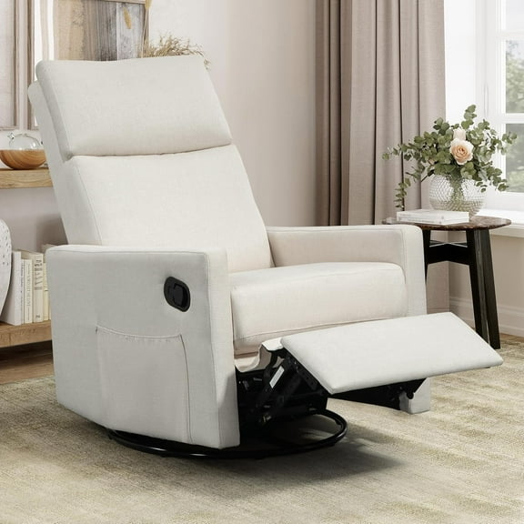 Swivel Rocker Recliner Chair, Upholstered Fabric Nursery Rocking Glider Chair with Adjustable Footrest, Lay Flat Recliner Single Lazy Sofa for Living Room, Beige