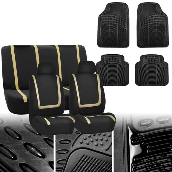 FH Group Seat Covers Floor Mats Combo for Auto Car SUV Van Beige Black Interior Full Set