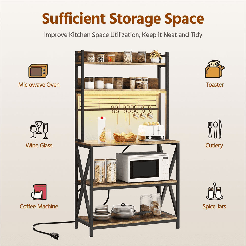 Renwick 5-Tier Industrial Kitchen Baker's Rack with Led Light and Power Outlets, Rustic Brown