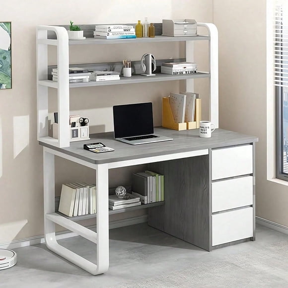 Escritorio Con Cajones y Repisas 100x50CM Escritorio Para Computadora Escritorio Oficina Minimalista Con Estante De 2 Niveles y 3 Cajones De Almacenamiento,Mesa Grande Para Oficina (100x50x146CM)