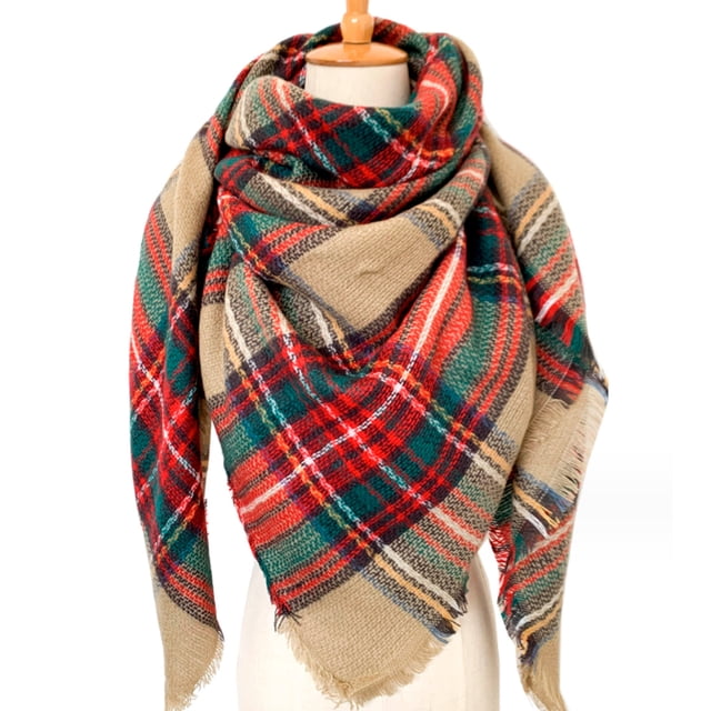 Bufanda clásica de cuadros escoceses con borlas para mujer, cálida, suave, gruesa, grande, para otoño e invierno