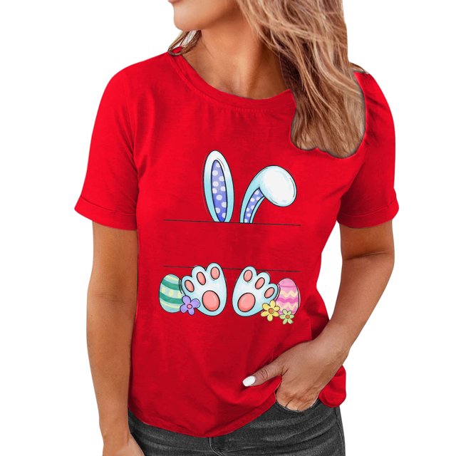 TSADFHJI Hauts de Noël pour Femmes, Manches Courtes Décontractées à Sequins, T-Shirt Imprimé de Pâques, Col Rond, Manches Courtes, G Rouge