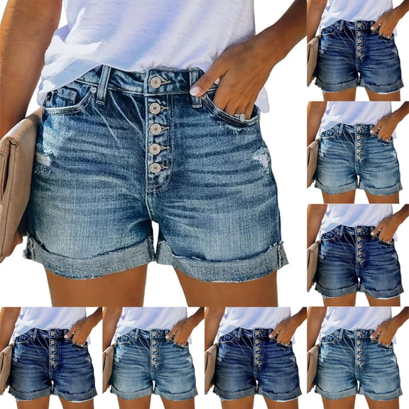 JoveMarine Women's Casual Hole Denim Shorts - Fashionable Versatile Jean Shorts for Beach Vacation Breathable Soft Lightweight,Dark Blue L