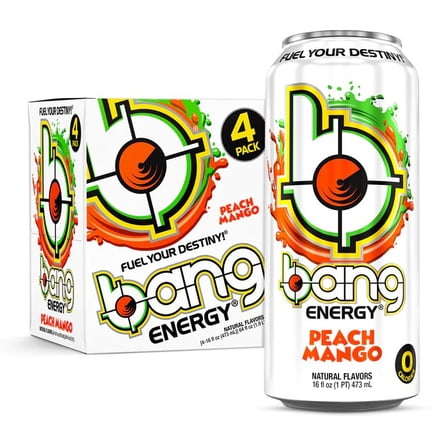 Bang Peach Mango Energy Drink, 16 oz, 4 Pack Cans