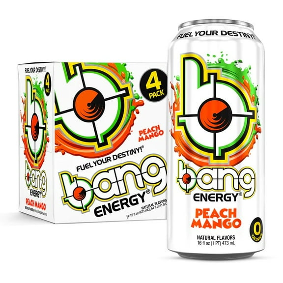 Bang Peach Mango Energy Drink, 16 oz, 4 Pack Cans