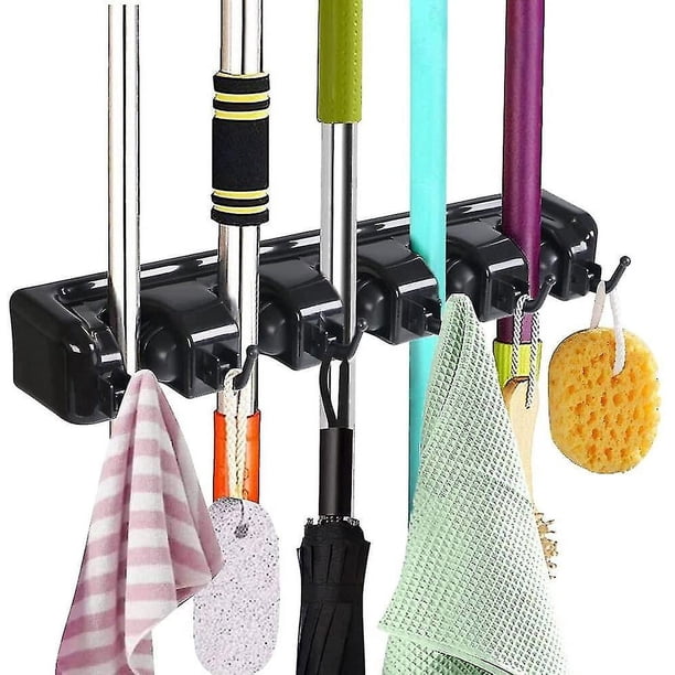 Wabjtam Soporte para secador de pelo, soporte multifuncional para escoba montado en la pared, estante para colgar con 5 ranuras y 6 ganchos para su cocina, garaje, lavandería