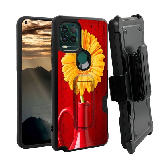ANJ  Rugged Shockproof Holster Case w/Card Slot, Kickstand   Tempered Glass for Motorola Moto G Stylus 5G - Sunflower in Vase