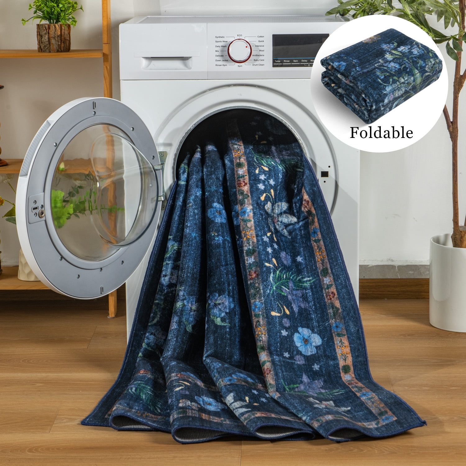 Wondo 5' x 8' Low Pile Area Rugs, Machine Washable Rug for Living Room, Bedroom, Kids' Room & High-Traffic Areas, Navy Blue