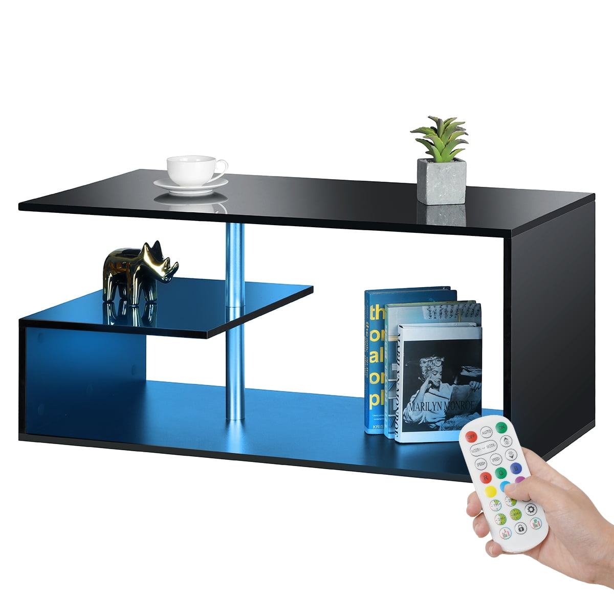 Hommpa High Gloss Black Coffee Table with LED Lights Open Shelf Smart APP Control S Shaped Modern Sofa Side End Table for Living Room