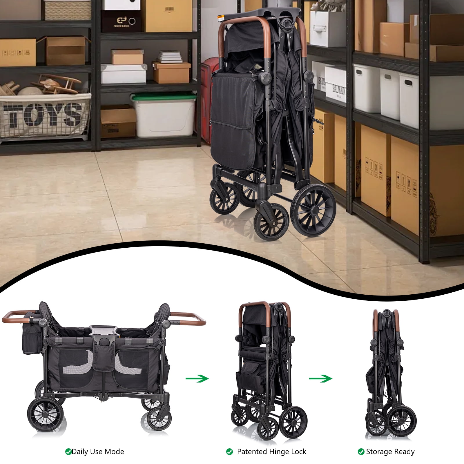 4 Kids Wagon Stroller Push-Pull - Lightweight Travel Fold Tandem Trolley with 5-Point Harness,Adjustable Canopy&Handle,Snack Tray,Storage,Mom Bag,All-Terrain Wheels for Beach Travel Camping Shopping