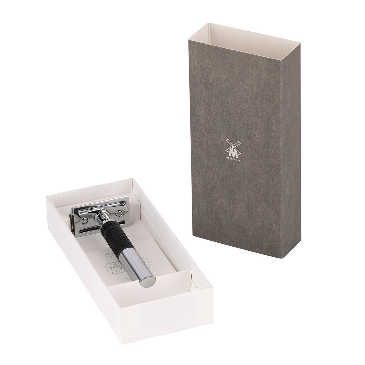 MÜHLE NEO safety razor|double edge safety razor for beginners and experienced shavers|sustainable eco-friendly and reusable|for men and women|chrome with black silicone grip handle