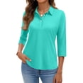 thumbnail image 3 of Nestiefly Women Polo Shirts 3/4 Sleeve V Neck Business Casual Tops Golf Collared 3 Buttons Summer Work Blouse Turquoise M, 3 of 5