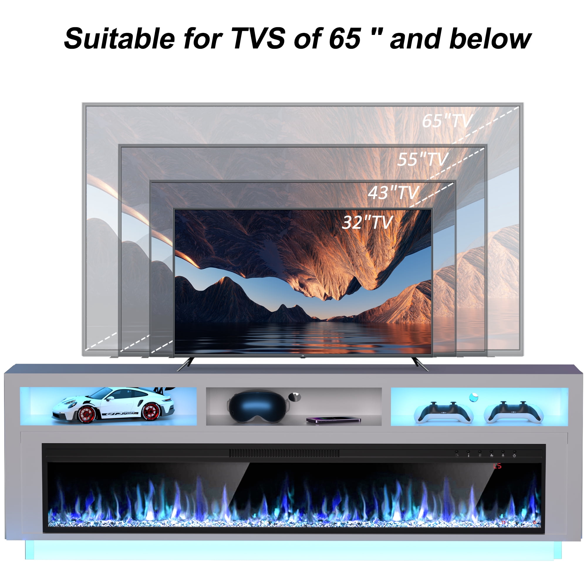 HARIPUL 58'' Fireplace TV Stand w/ LED Light & Storage Cabinet, Electric Fireplace for TVs up to 65 inches, White