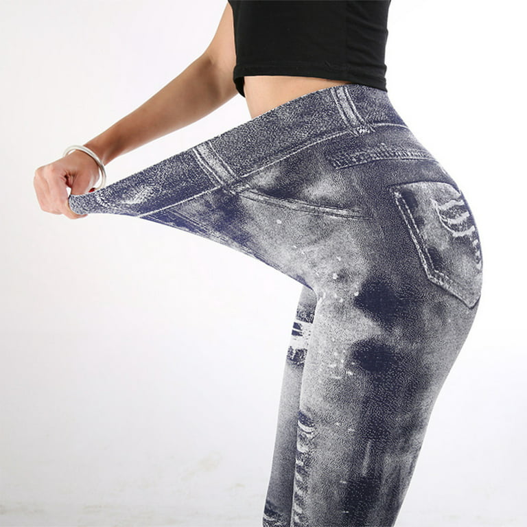 Women Imitation Distressed Denim Jeans Leggings High Waist Slim Elastic  Yoga Pen 