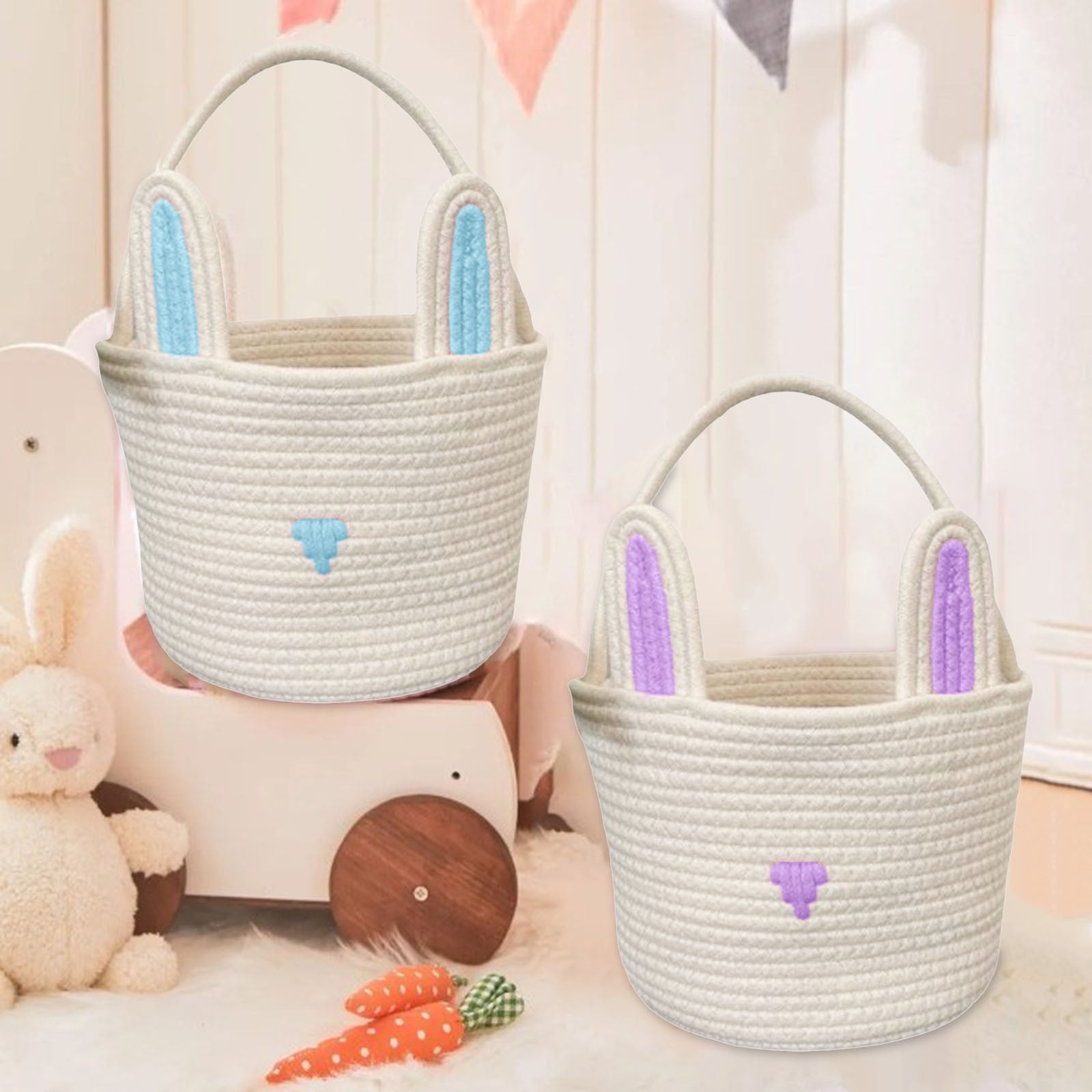 Easter Bunny Basket for Kids, Rabbit Ear Egg Bucket, 9.5" x 6.3" x 6.3" Portable Tote for Candy Storage, Easter Party Decor, and First Easter Gifts for Boys & Girls