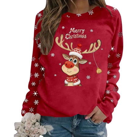 FYEGRE Women s Funny Christmas Sweatshirt Funny and Winter Warm Funny Christmas Jumper Sweatshirt Oversize Round Neck Winter Merry Christmas Sweatshirt Red L