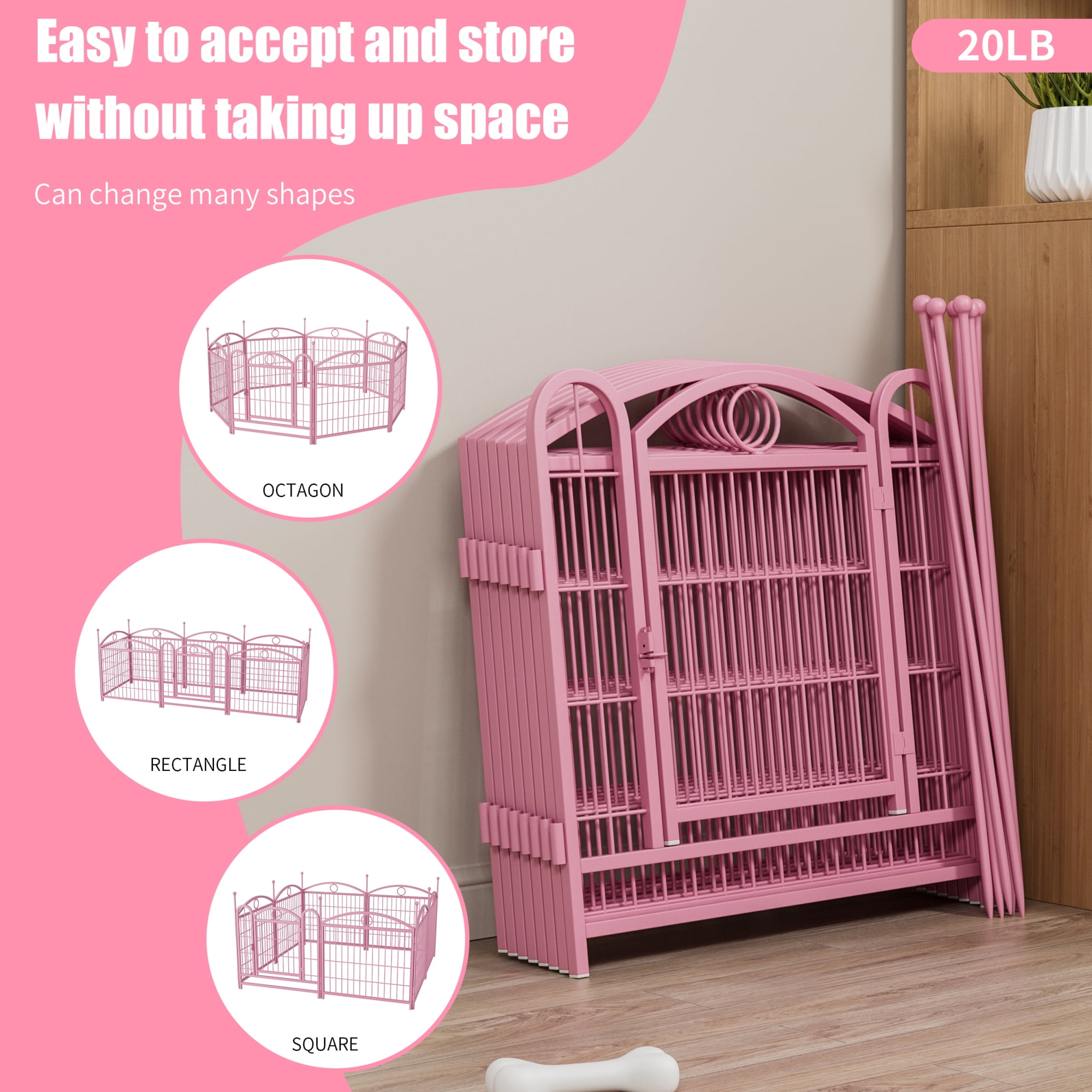 Jopath 24" 8 Panels Metal Dog Pen, Pet Dog Fence Outdoor Foldable Exercise Pen Heavy Duty Dog Fence Puppy Pen with Doors for Large Medium Small Dogs Pink