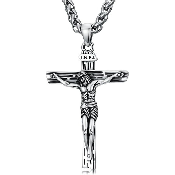 Crucifix Necklace for Men Sterling Silver Men’s Crucifix Jesus Cross Pendant with 22” 2” Stainless Steel Chain