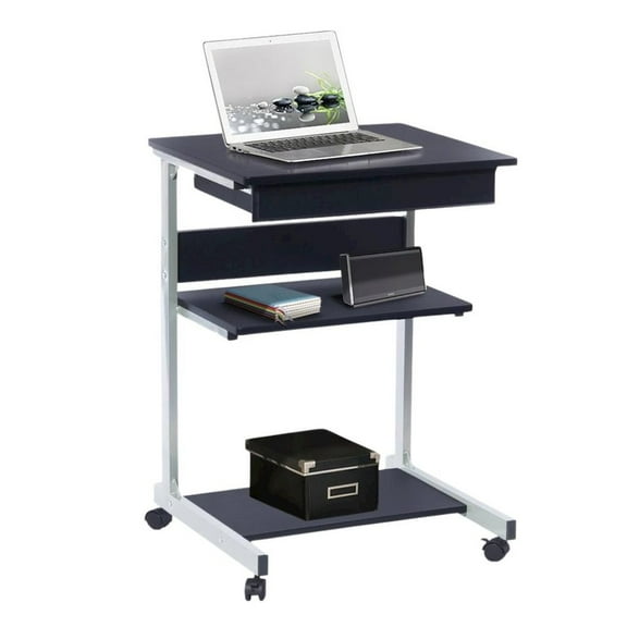 FurniFact Gray Computer Cart With Storage Drawer, Dual Shelves And Metal Frame
