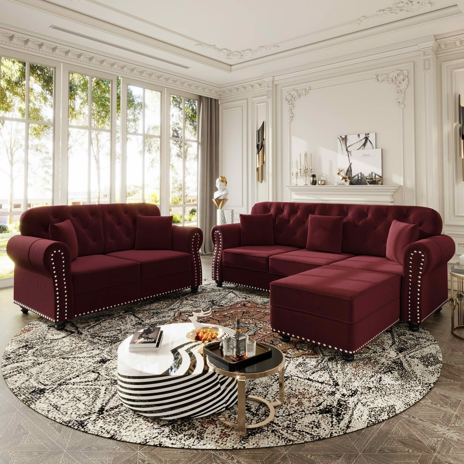 MAYEERTY Velvet Chesterfield 2&3‑Seat Sofa Set, Mid‑Century Modern Couches with Button Tufting, Nailhead Trim and Rolled Armrests, Comes with 1 Ottoman for Home Living Room
