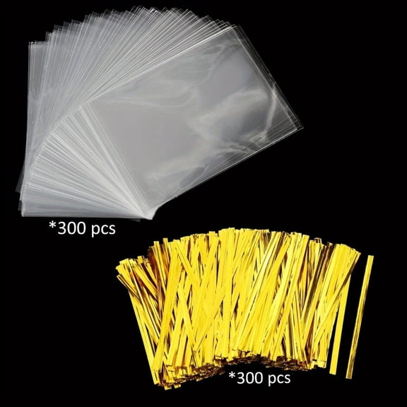 300 Pcs Cake Pop Bags Suit, 300 Pcs Cellophane Treat Bags 3 x 5 with 300 Twist Ties 1.4 mils Thickness OPP Plastic Bags for Lollipop Candy Chocolate Cookie Wrapping Buffet