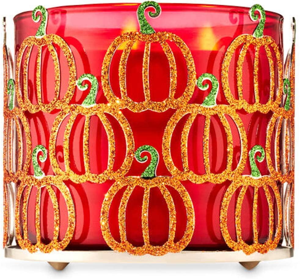BATH BODY WORKS SPARKLY GLITTERY PUMPKINS LARGE 3 WICK CANDLE HOLDER SLEEVE 14.5 
