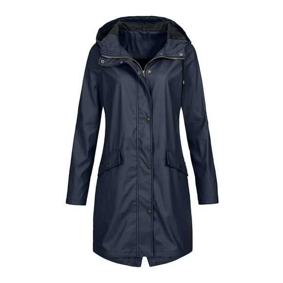 Bellella Ladies Drawstring Raincoats Hooded Buttons Rain Jacket Winter Outwear Navy Blue M