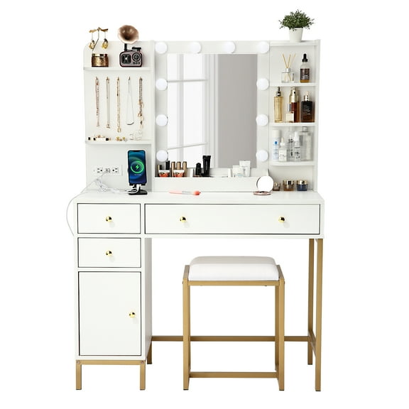 Vanity Desk with Mirror & Lights, Makeup Vanity with 4 Drawers & Storage Shelves, White Vanity Table with Charging Ports, 3 Color Modes, Dressing Table, for Bedroom Vanity Area