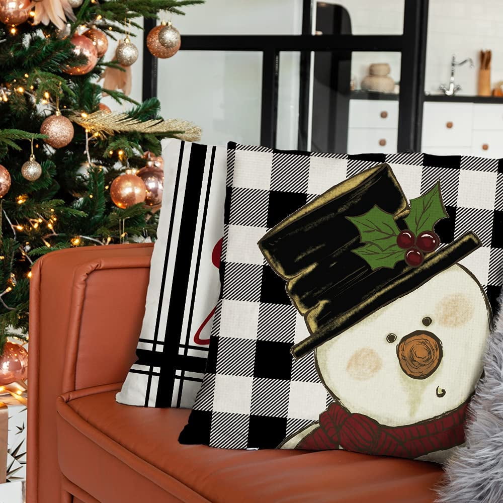 Christmas Decorative Pillow Covers 18 x 18 Inch Set of 4, Buffalo Plaid Santa Claus Snowman Let it Snow Holiday Farmhouse Cushion Cases Xmas Decoration for Home Party Sofa Couch GA436-18