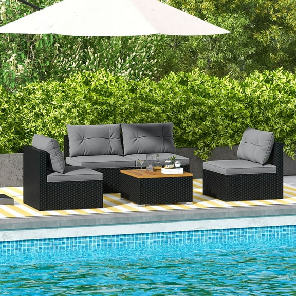 Gymax Set Of 5 Outdoor Furniture Set w/ Seat & Back Cushions Acacia Wood Tabletop