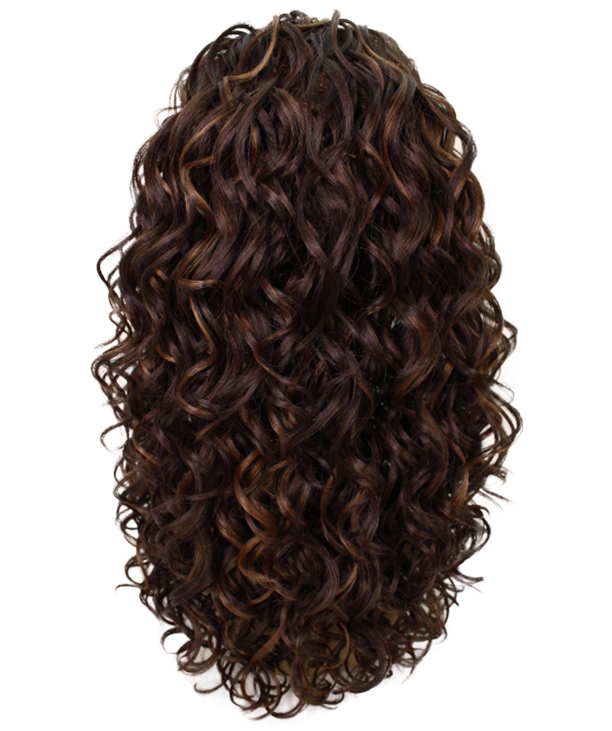 LUXLUXE Edwina Curly Layered 17 in Long Half Wig Mix Human Hair and Synthetic Fibers, Brown with Caramel Highlights