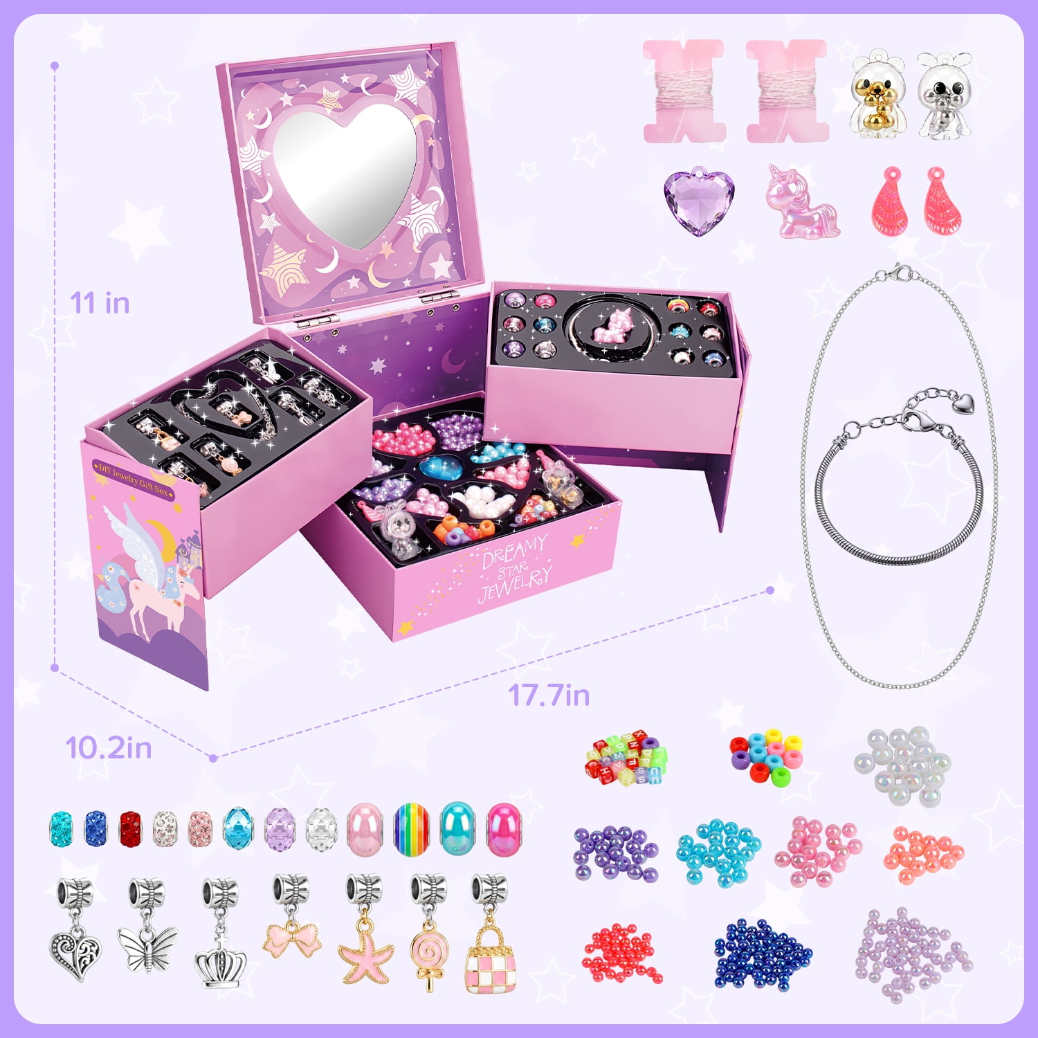 FUJILI Unicorn DIY Bead Jewelry Kit for Girls, Bracelet and Necklace Making Set with Mirror, Elastic Cord & Colorful Beads, Creative Craft Toy Gift for Ages 8-12