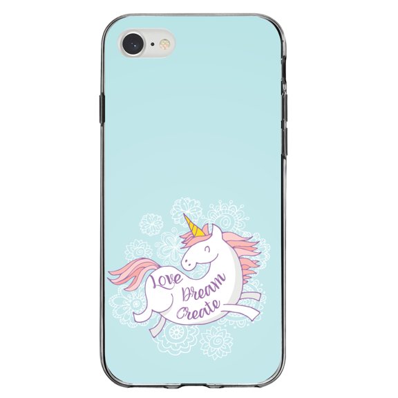 DistinctInk Clear Shockproof Hybrid Case for iPhone 7 8 SE (2020 Model) 4.7" Screen TPU Bumper Acrylic Back Tempered Glass Screen Protector - Flying Unicorn - Love / Dream / Create