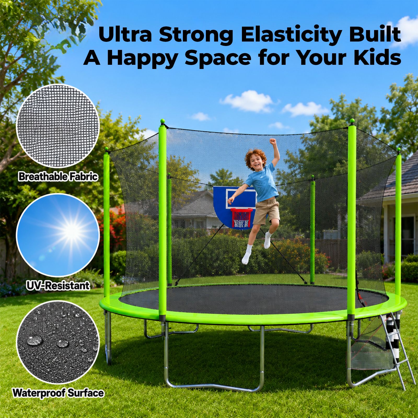 Alvantor 16Ft Trampoline for Kids & Adults, Round Trampoline with Enclosure Net,Basketball Hoop,Soccer Goal and Ladder for Backyard Green