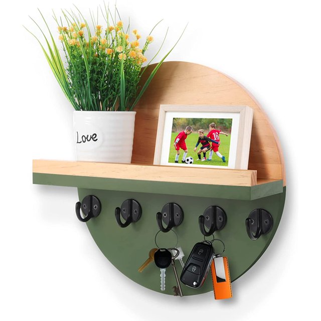 Soporte para llaves y correo para decoración de pared, colgador de llaves bohemio de madera con estante, estante para llaves de entrada de diseño circular único de dos tonos