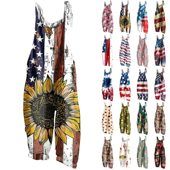 QATAINLAV Womens Casual Loose American Flag Graphic Jumpsuits Summer Sleeveless Wide Leg Linen Long Rompers 4th of July One Piece Overalls with Pockets Red L Gifts for Mom