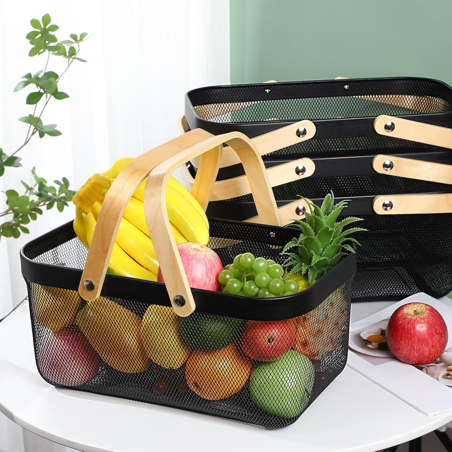 Black Mesh Storage Basket with Wooden Handle,Multi-Functional Picking Baskets,Garden Harvest Basket,Kitchen Metal Mesh Gathering Basket, for Vegetables Fruit Egg