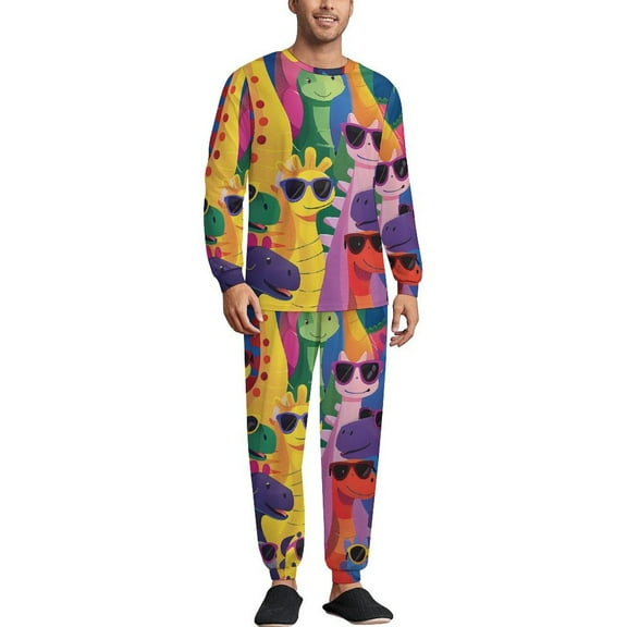 Cute Dinosaur with Sunglasses Men's Pajama Set Sleepwear Pjs Lightweight Long Sleeve Crewneck Shirts and Bottoms Soft Comfy Sleep Sets XS