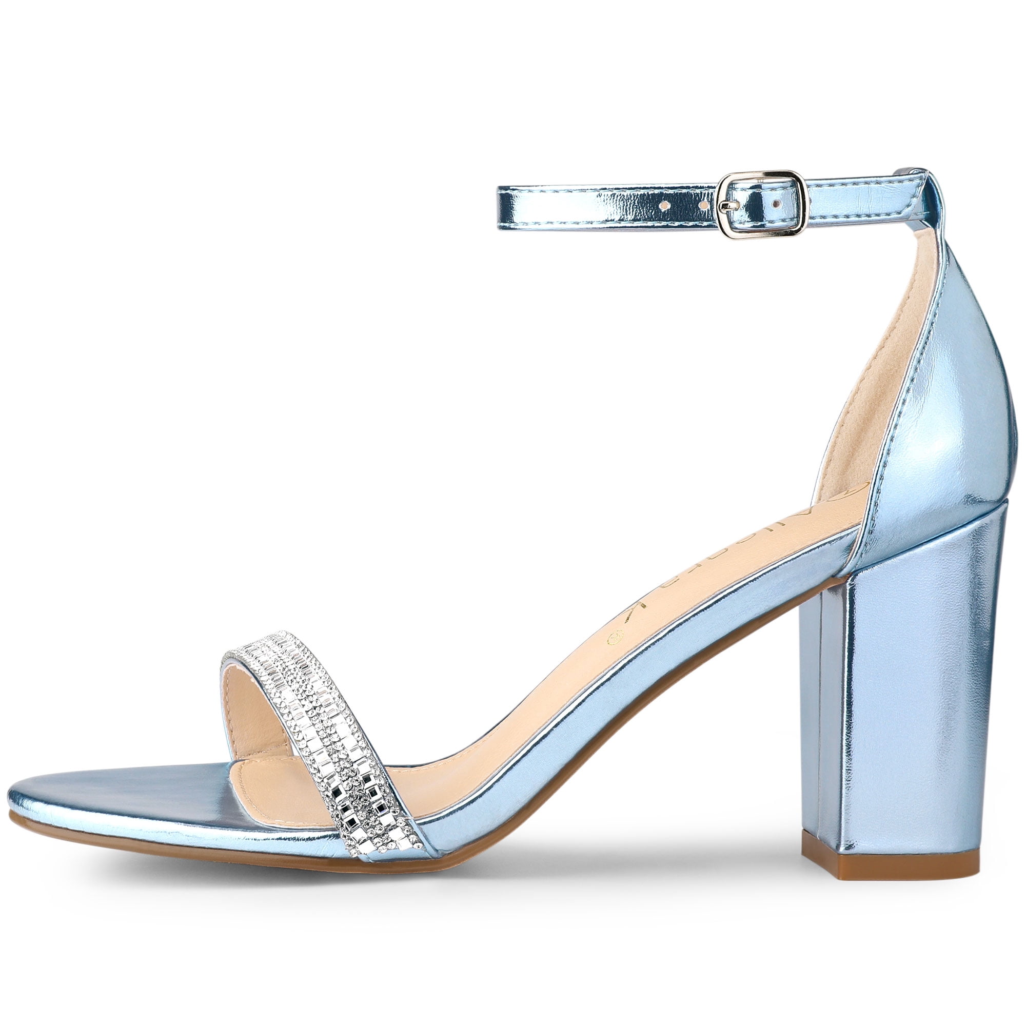 Unique Bargains Women's Sandals Block Heels Solid Rhinestone Ankle Strap Sandals