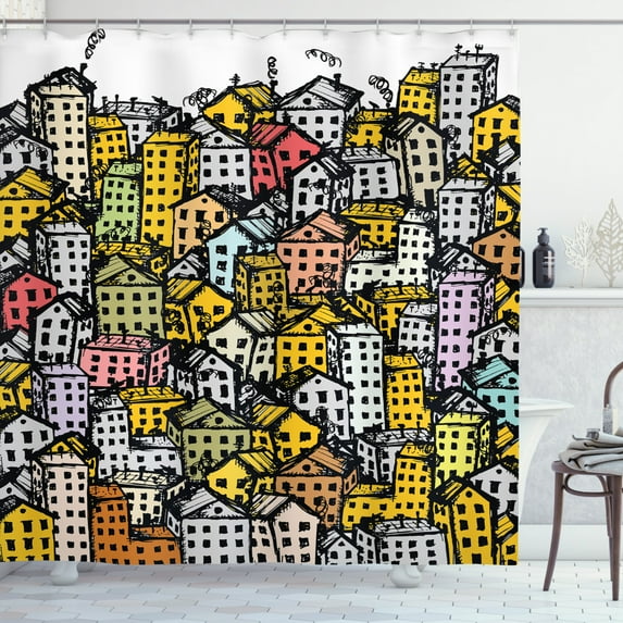 Urban Shower Curtain, Unplanned Urbanization Theme Sketched Illustration of Slums and Irregular Buildings, Fabric Bathroom Set with Hooks, 69W X 70L Inches, Multicolor, by Ambesonne