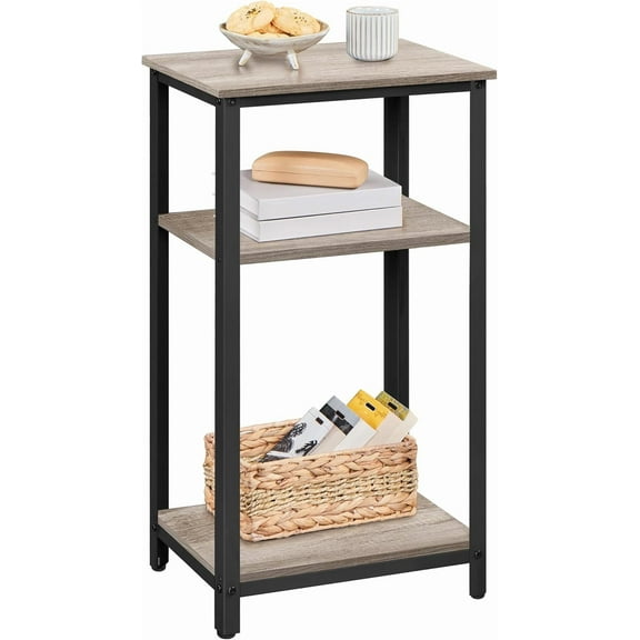 RONG-3 3-Tier End Table Side Table with Wooden Shelves Strong Metal Frame, 12 x 16 x 29.5 inches,Gray,1pc