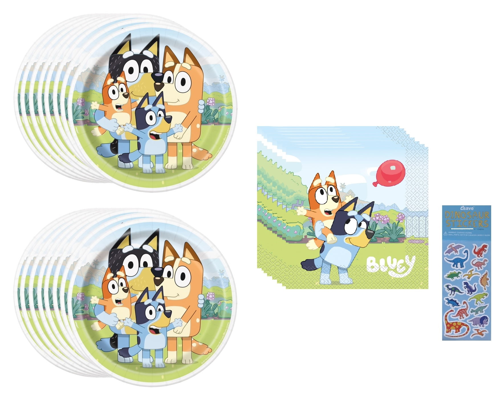 Bluey Birthday Party Bundle Pack includes 16 Lunch Plates, 16 Lunch Napkins, 16 Paper Cups, 1 Plastic Table Cover, 1 Happy Birthday Banner, 16 Party Blowouts, 1 Dinosaur Sticker Sheet