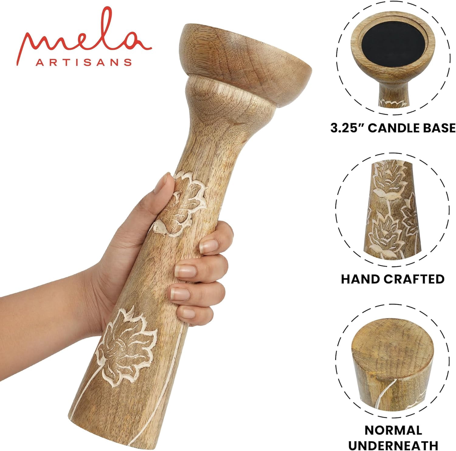 Mela Artisans Lotus Vine Candle Holders for Pillar Candles Set of 3, Mango Wood Candle Holder Set, Whitewash, 6" x 9" x 12"