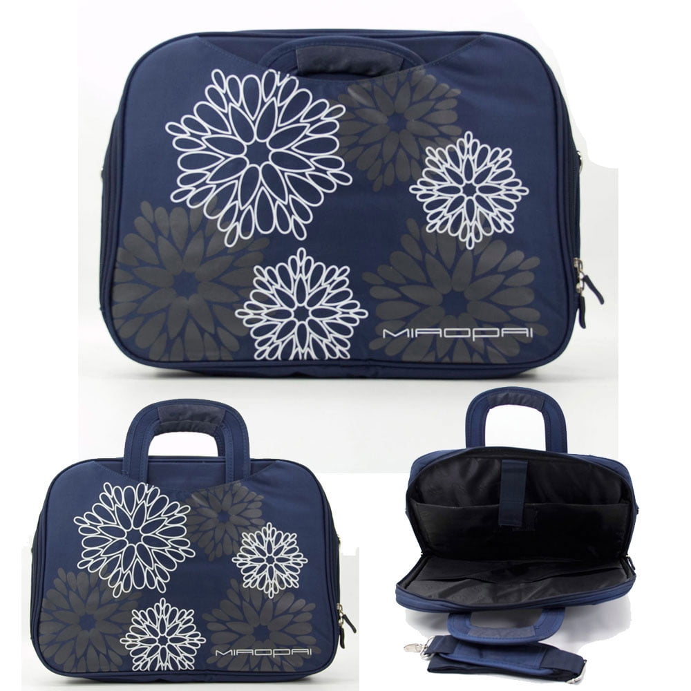 14' Blue Shoulder Laptop Bag with Grey and White Flowers and Handles