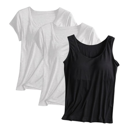 JGGSPWM Women s Tank Top with Built-in Padded Bra Modal Stretch Camisole Yoga Undershirt Cami Tops 3 PCS Black L