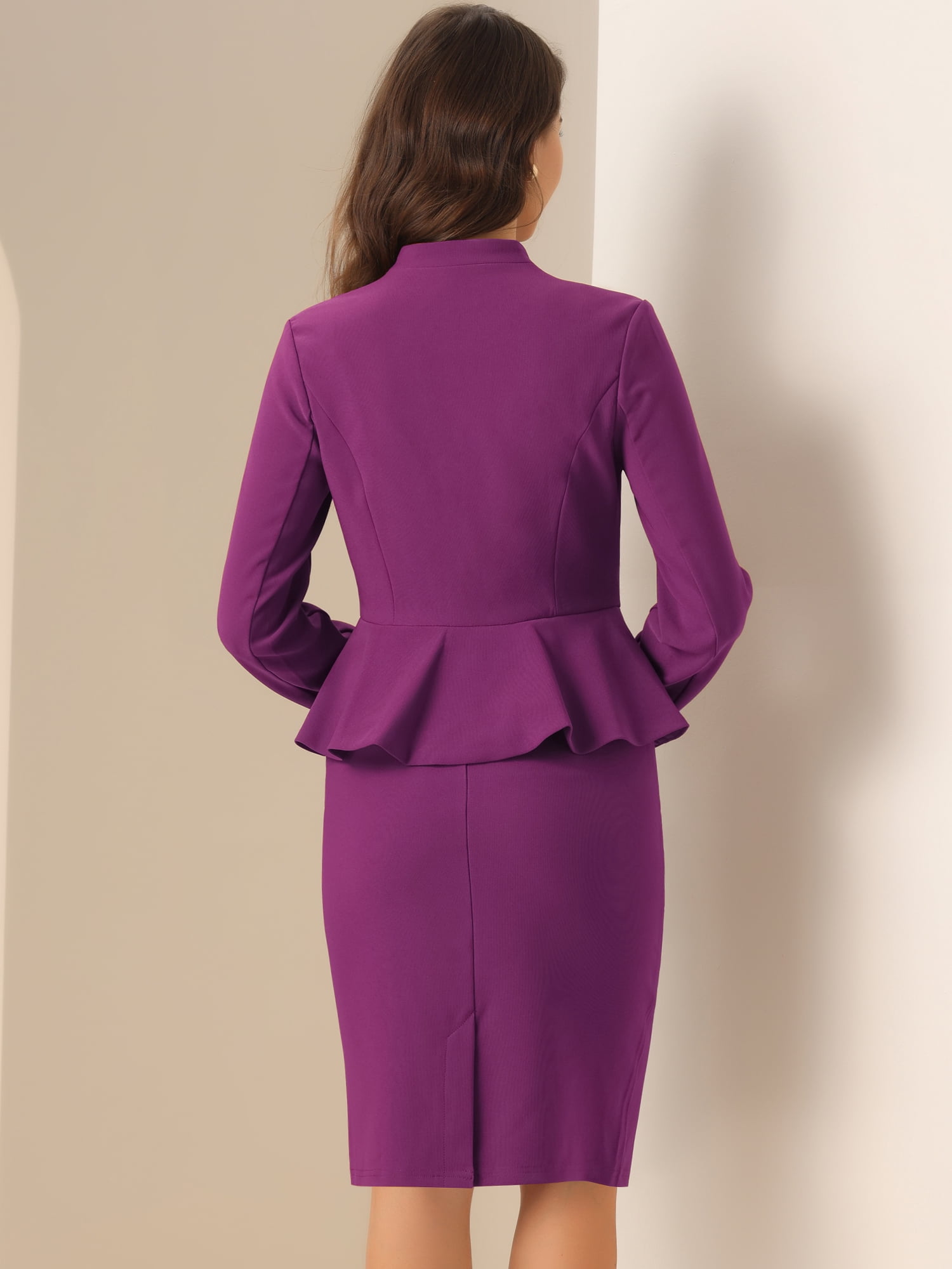 DARING DIVA Women's Collarless Peplum Blazer Sheath Skirts 2 Pcs Suit Set M Dark Purple
